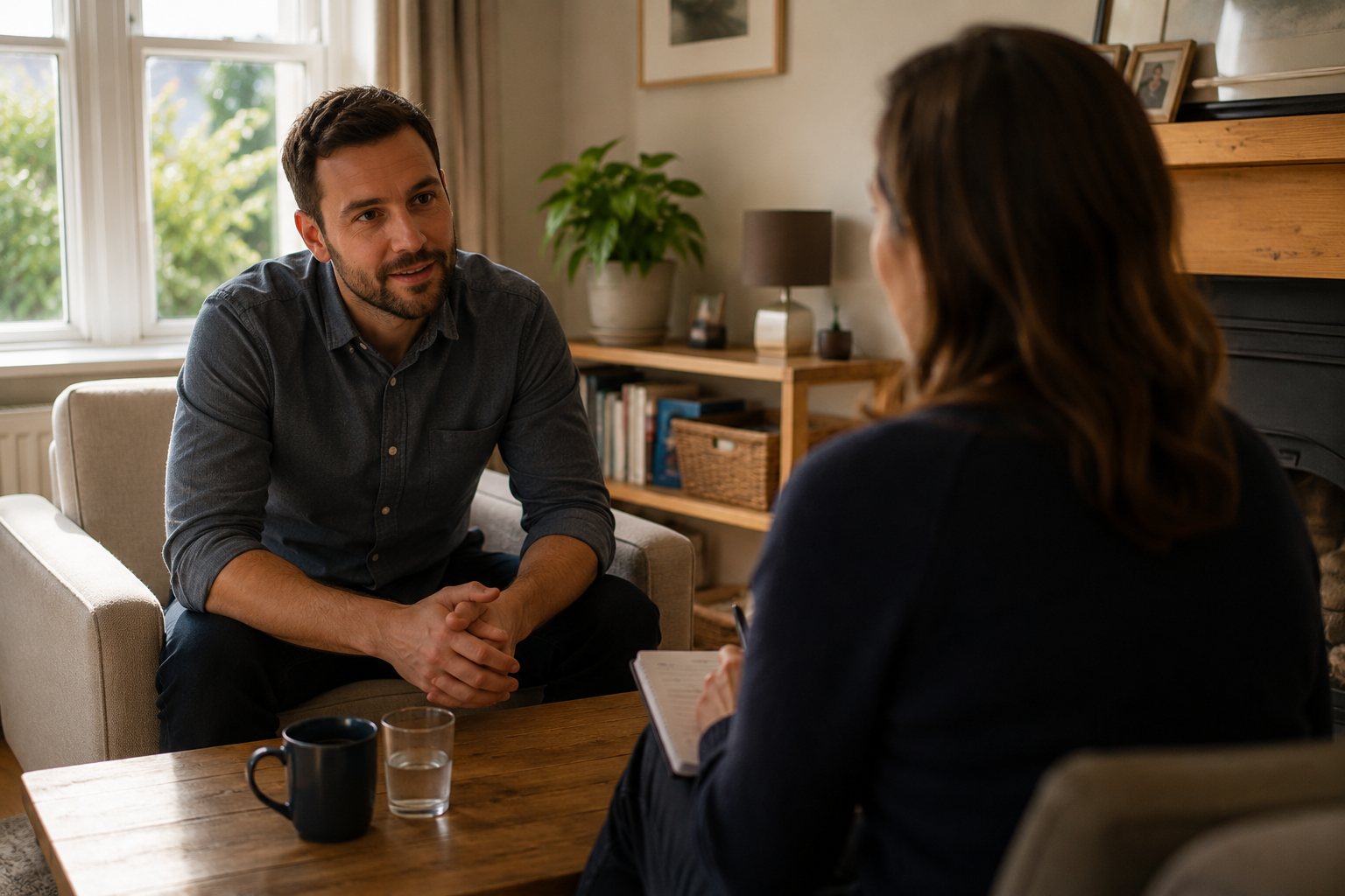 Two people talking in a living room
