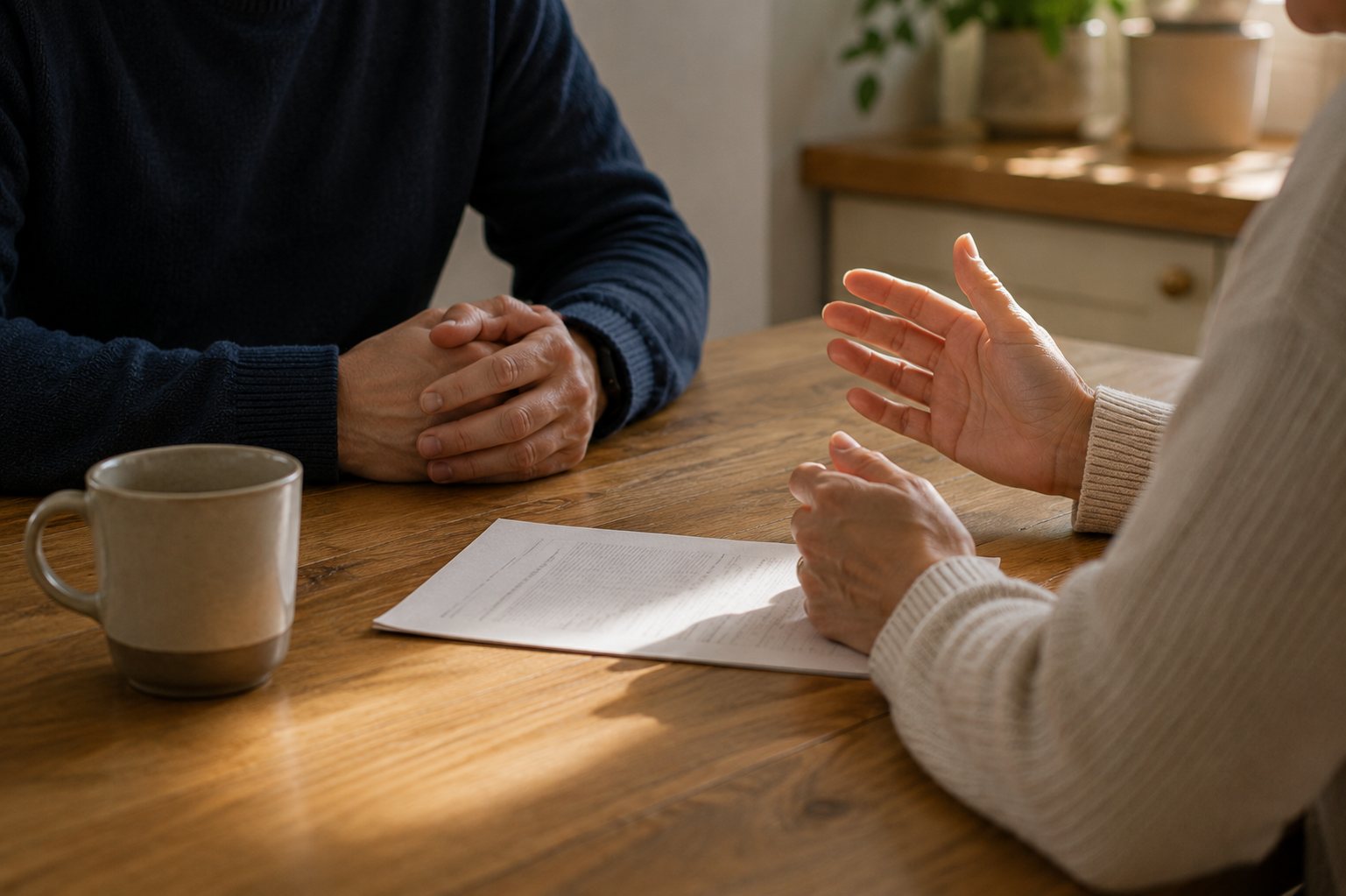 Two people discussing paperwork at a kitchen table