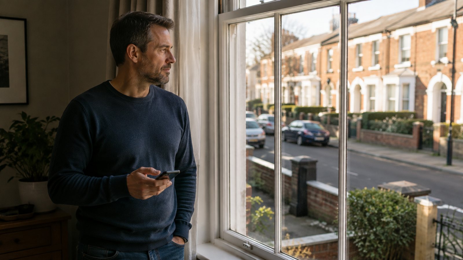 A man looking out of a window onto a residential street