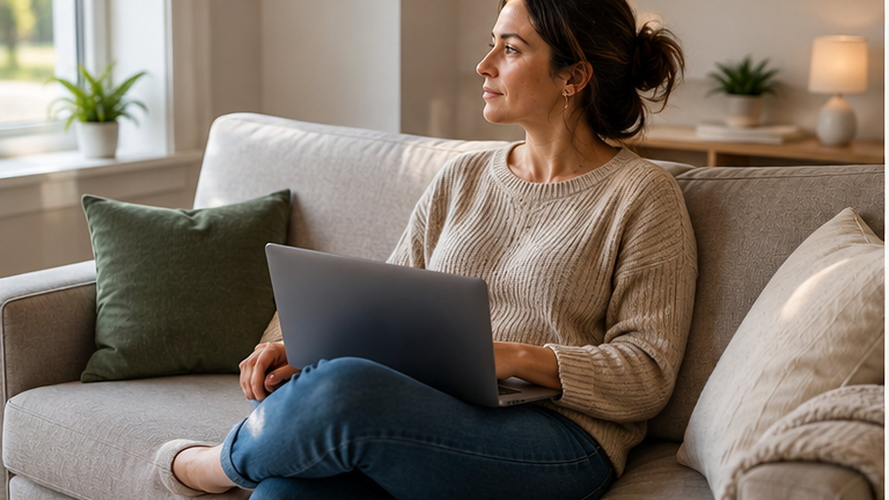 A woman sitting on a sofa with a laptop, thinking