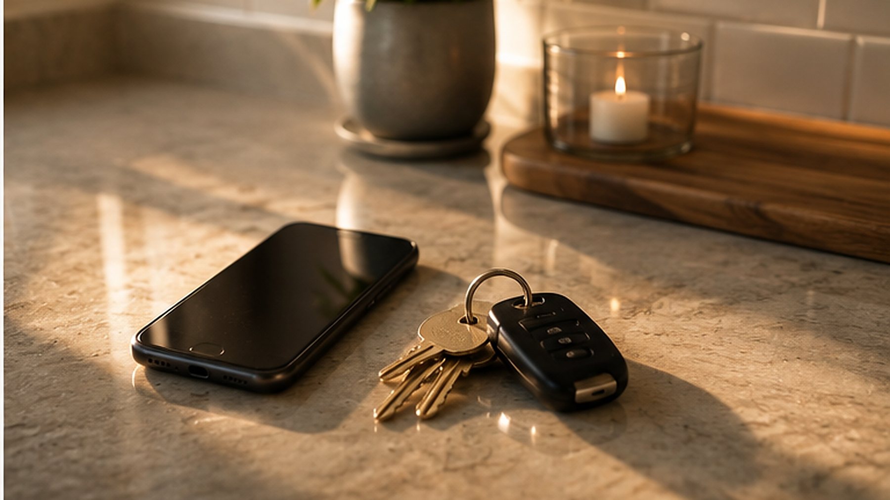 A phone and keys on a kitchen worktop in evening light